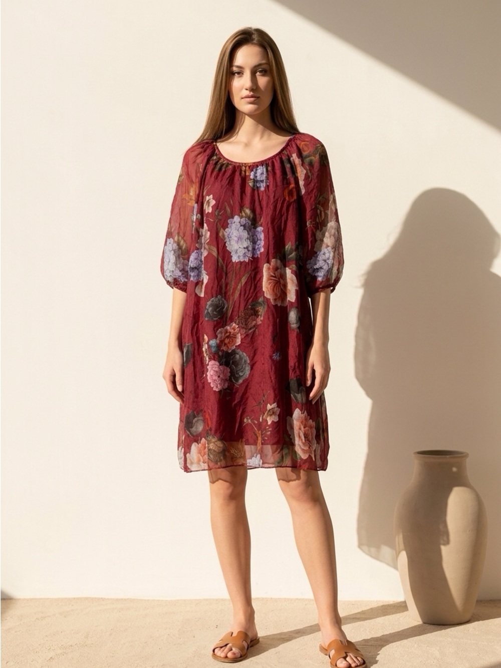 Italian Silk Blend Burgundy Floral Sheer Puff Sleeve Dress